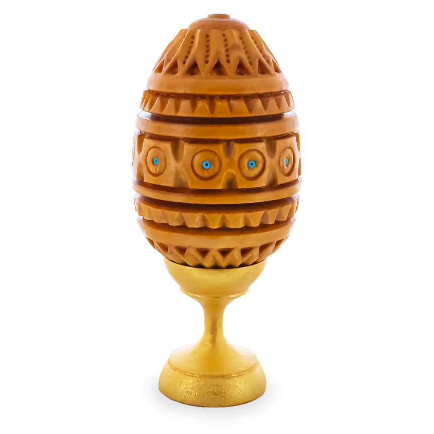 Hand Carved Inlaid Ukrainian Wooden Easter Egg on a Stand in  color Oval