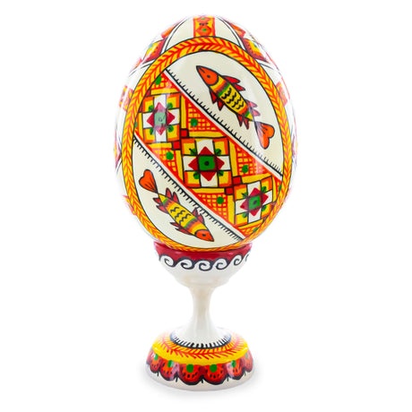 Fish Ukrainian Wooden Easter Egg Pysanka on a Stand 3.75 Inches in White color Oval