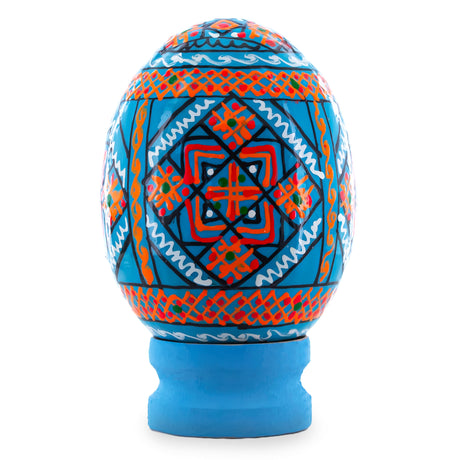 Geometrical Blue Ukrainian Wooden Easter Egg Pysanka on a Stand 3 Inches in White color, Oval shape