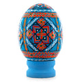 Geometrical Blue Ukrainian Wooden Easter Egg Pysanka on a Stand 3 Inches in White color Oval