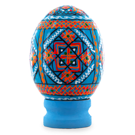 Geometrical Blue Ukrainian Wooden Easter Egg Pysanka on a Stand 3 Inches in White color Oval