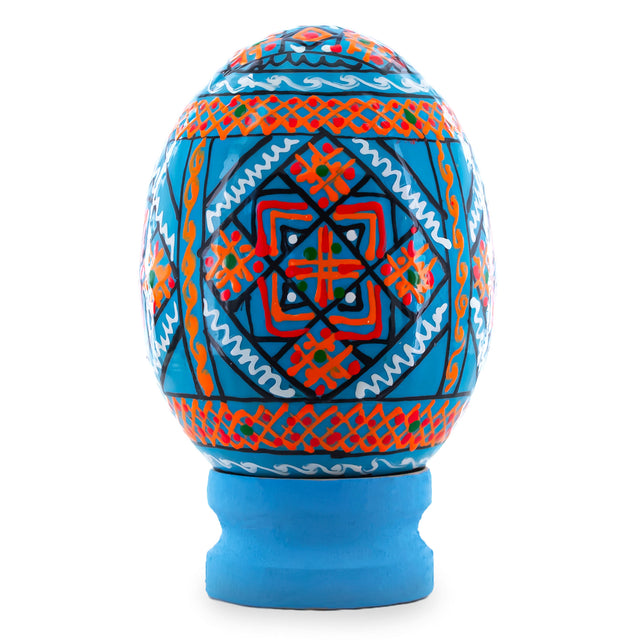 Geometrical Blue Ukrainian Wooden Easter Egg Pysanka on a Stand 3 Inches in White color Oval