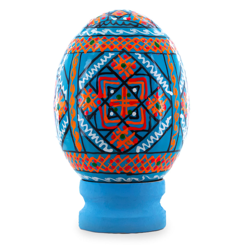 Geometrical Blue Ukrainian Wooden Easter Egg Pysanka on a Stand 3 Inches in White color Oval