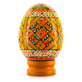Geometrical Yellow Ukrainian Wooden Easter Egg Pysanka on a Stand 3 Inches in White color Oval
