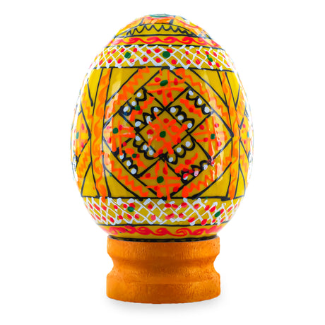 Geometrical Yellow Ukrainian Wooden Easter Egg Pysanka on a Stand 3 Inches in White color Oval