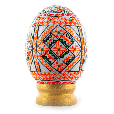 Geometrical White Ukrainian Wooden Easter Egg Pysanka on a Stand 3 Inches in White color, Oval shape