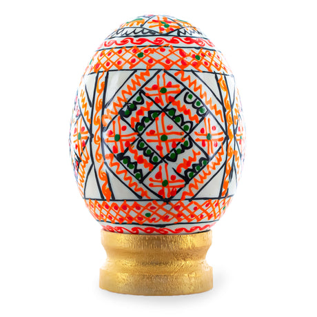 Geometrical White Ukrainian Wooden Easter Egg Pysanka on a Stand 3 Inches in White color Oval
