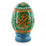 Geometrical Green Ukrainian Wooden Easter Egg Pysanka on a Stand 3 Inches in White color Oval