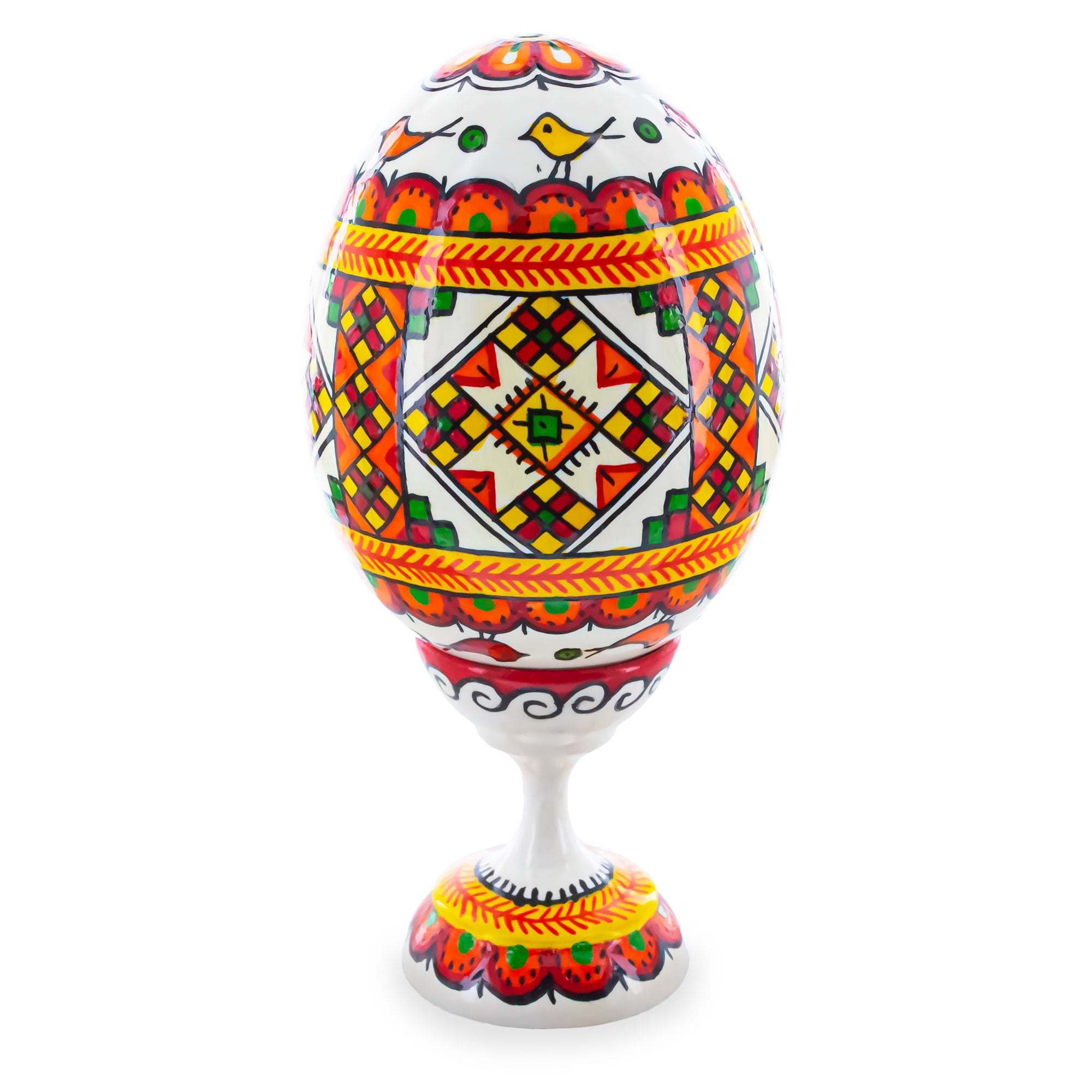 Geometrical Ukrainian Wooden Easter Egg Pysanka on a Stand 3.75 Inches in White color Oval
