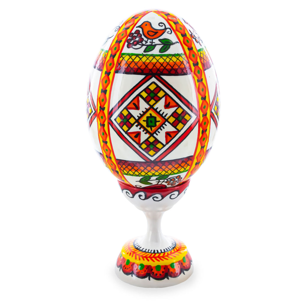 Bird Ukrainian Wooden Easter Egg Pysanka on a Stand 3.75 Inches in White color Oval