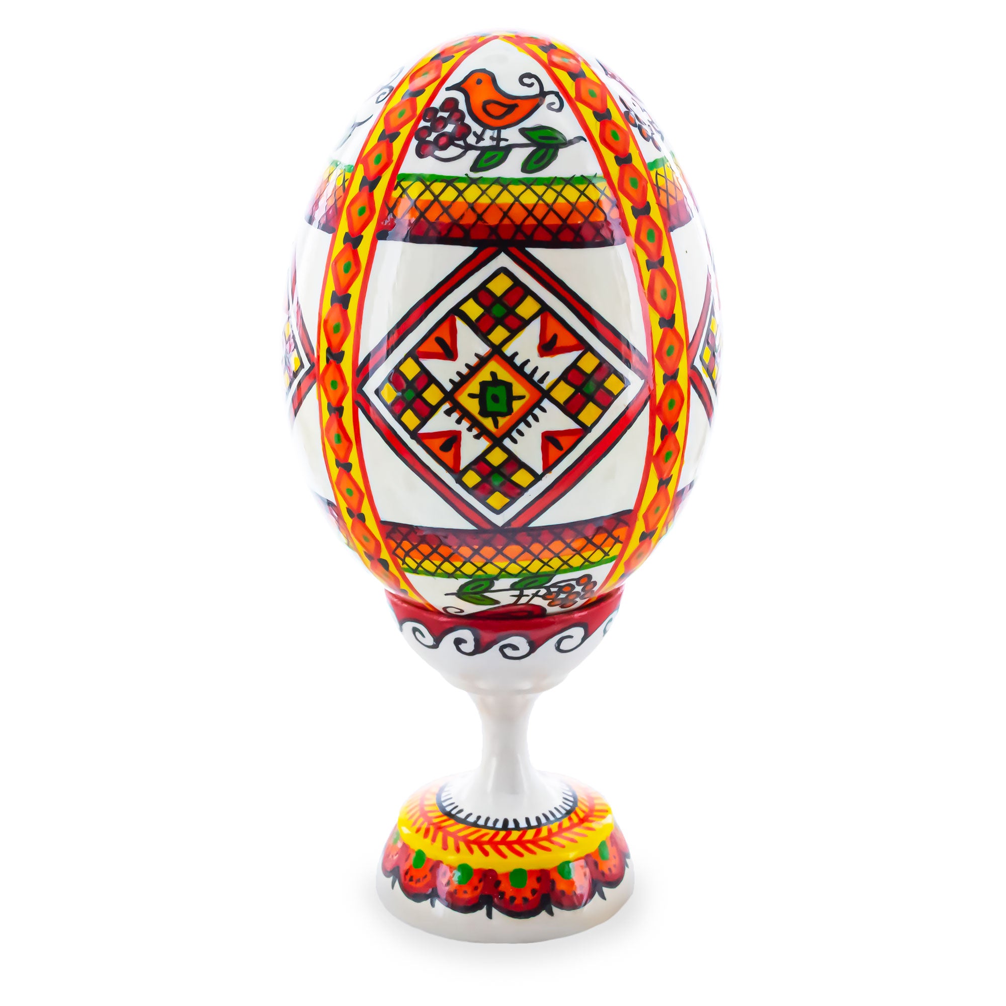Bird Ukrainian Wooden Easter Egg Pysanka on a Stand 3.75 Inches in White color Oval