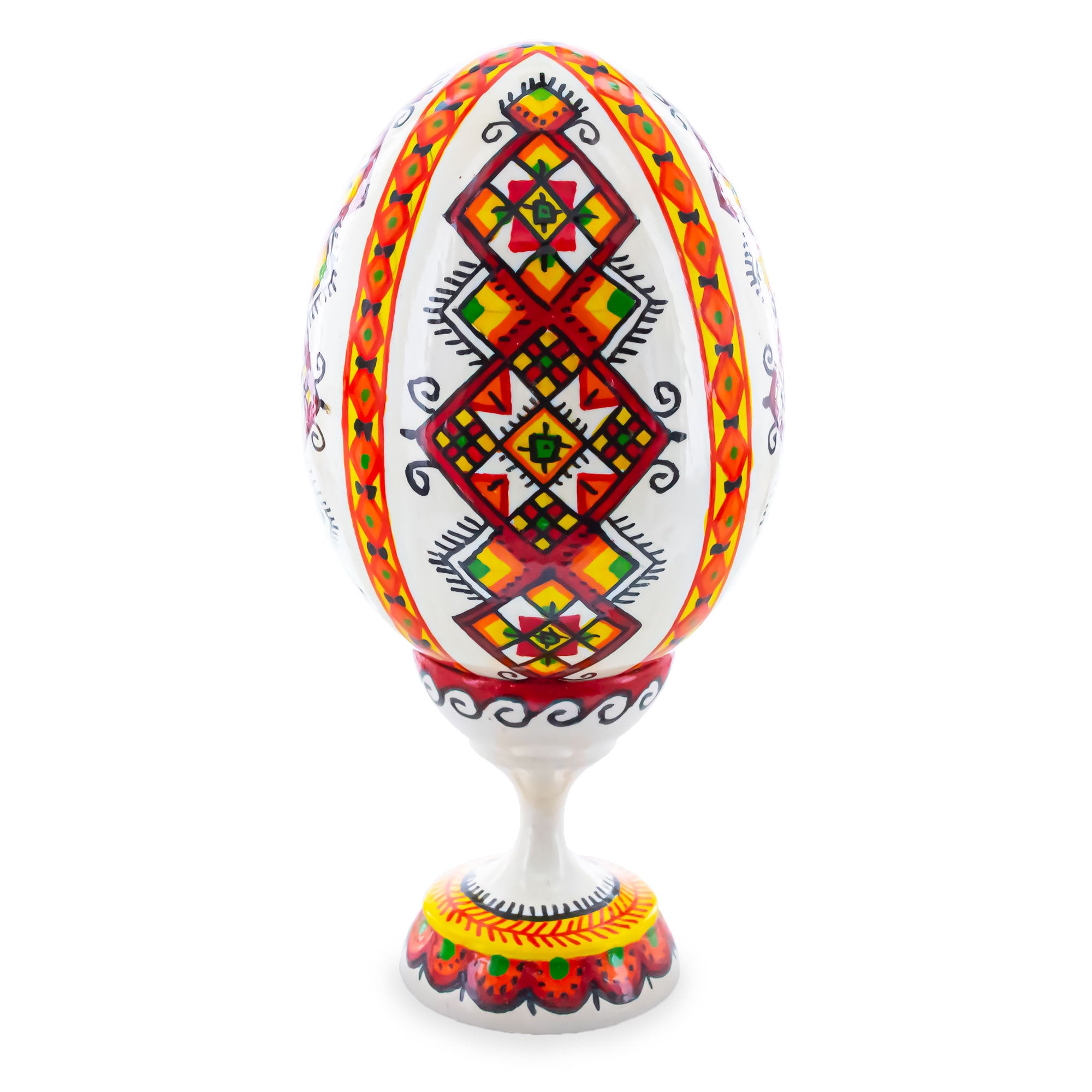 Rhombus Ukrainian Wooden Easter Egg Pysanka on a Stand 3.75 Inches in White color Oval