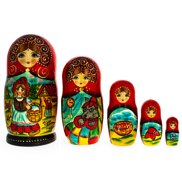 Set of 5 Little Red Riding Hood Wooden  Nesting Dolls 7 Inches in Multi color