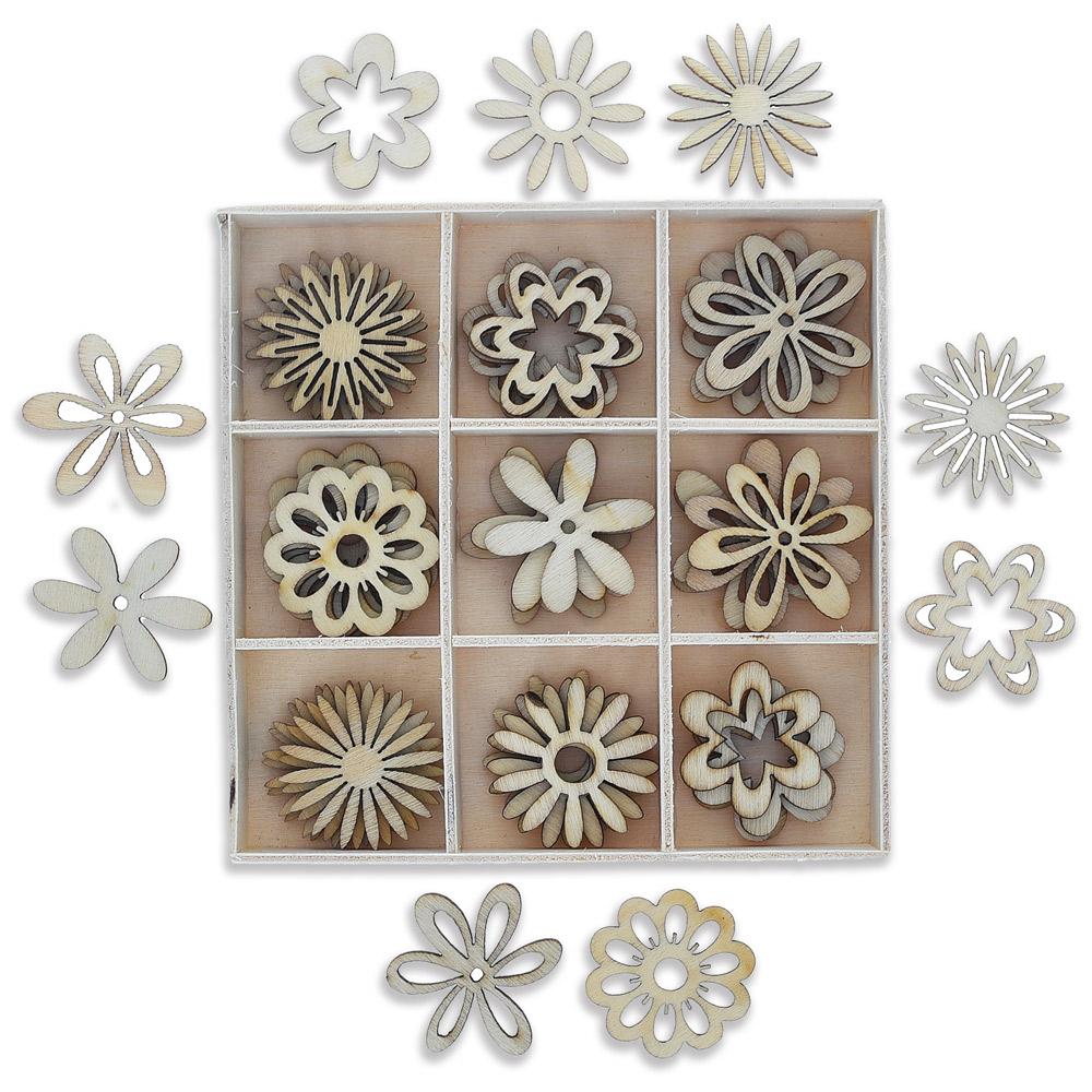 45 Miniature Flowers Unfinished Wooden Shapes Craft Cutouts DIY Unpainted 3D Plaques in Beige color,  shape