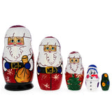 Set of 5 Santa, Snowman and Christmas Tree Wooden Nesting Dolls in Red color,  shape
