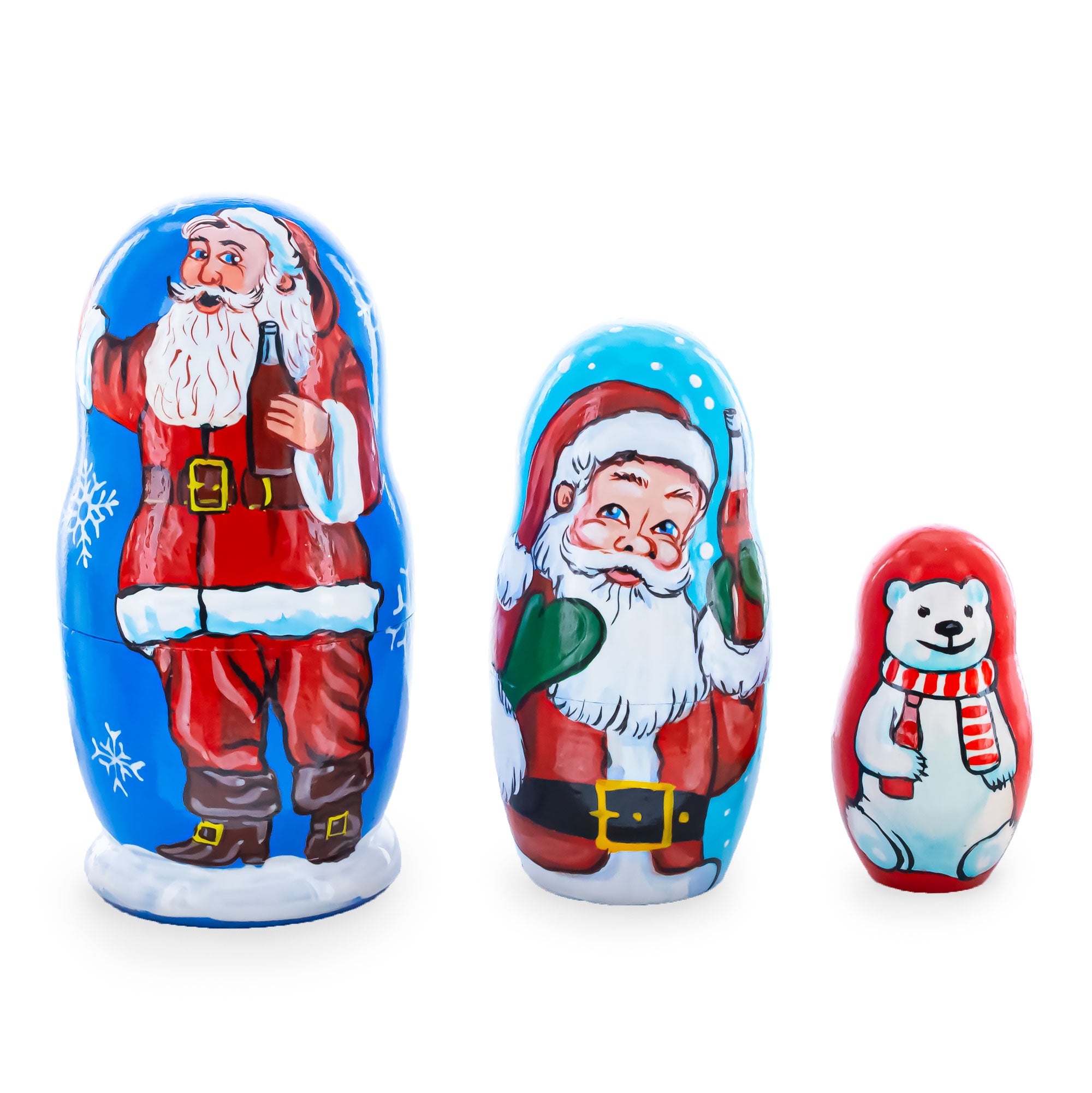 3 Santa and Polar Bear Wooden Nesting Dolls 4.25 Inches in Multi color