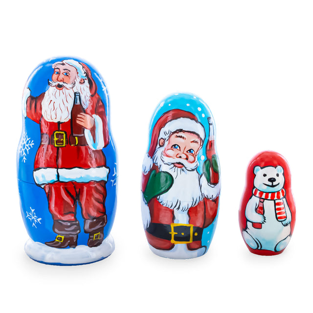 3 Santa and Polar Bear Wooden Nesting Dolls 4.25 Inches in  color