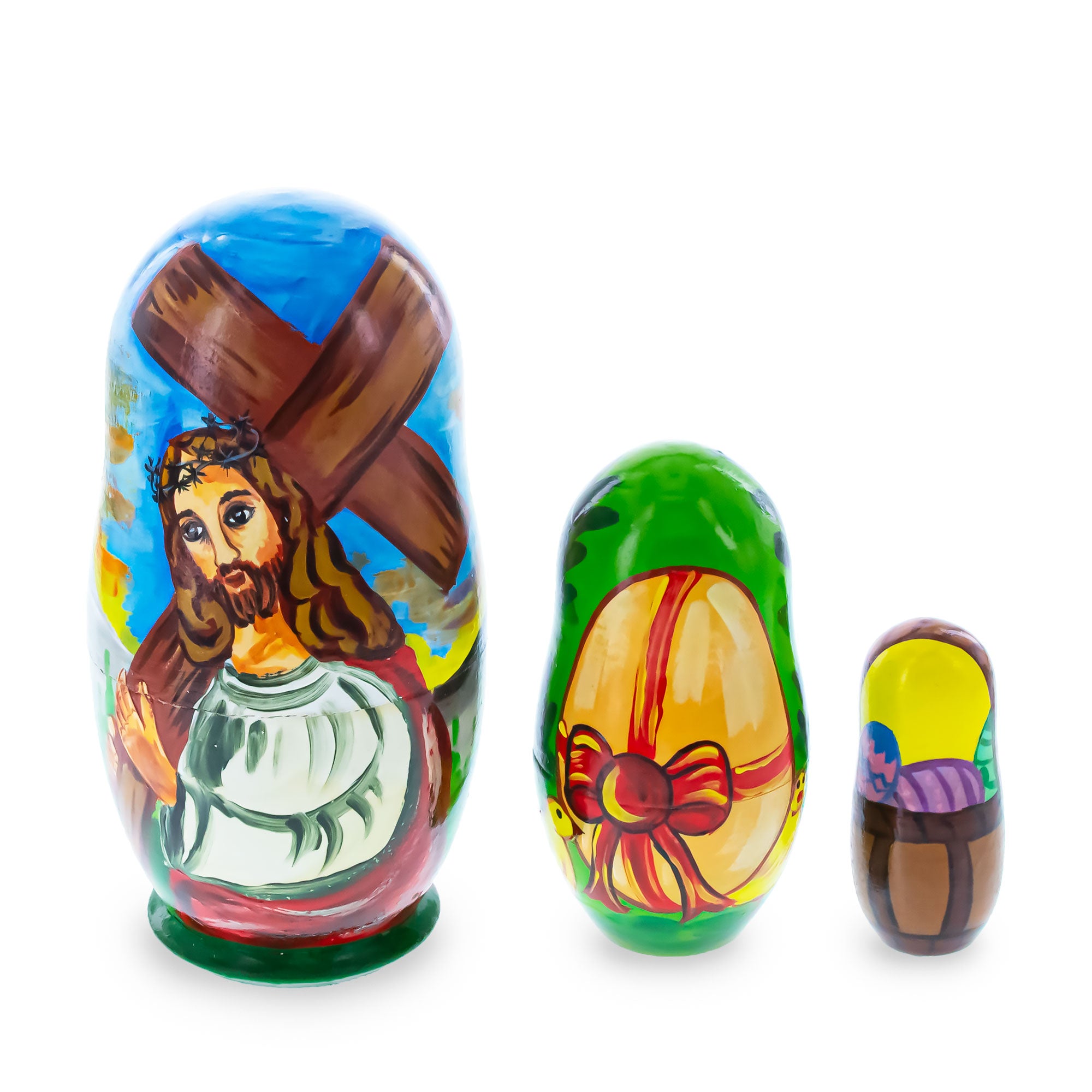 Set of 3 Jesus with Cross, Easter Eggs Wooden Nesting Dolls 4.25 Inches in Multi color