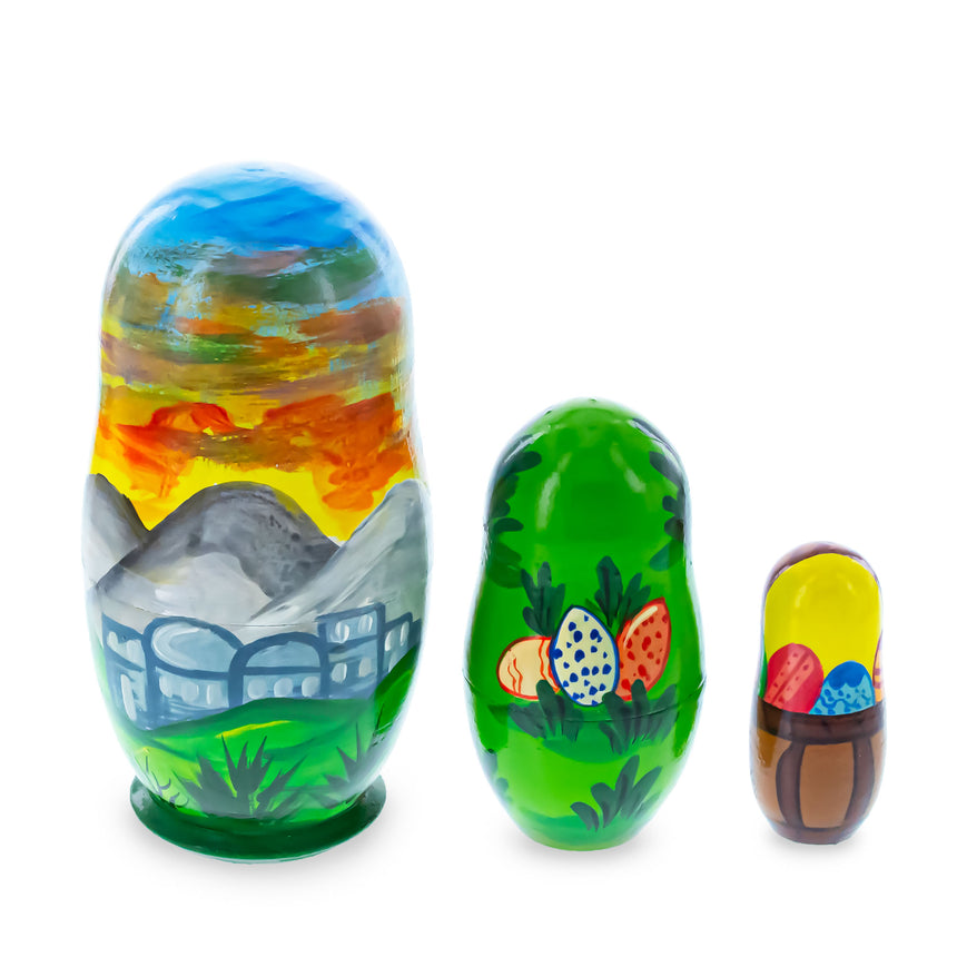 Shop Set of 3 Jesus with Cross, Easter Eggs Wooden Nesting Dolls 4.25 Inches. Buy Nesting Dolls Religious Multi   for Sale by Online Gift Shop BestPysanky religious nativity Christian stackable matryoshka stacking toy babushka Russian authentic for kids little Christmas nested matreshka wood hand painted collectible figurine figure statuette