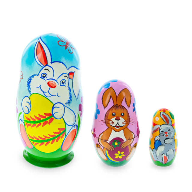 Set of 3 Bunnies and Easter Eggs Wooden Nesting Dolls 4.25 Inches in Multi color