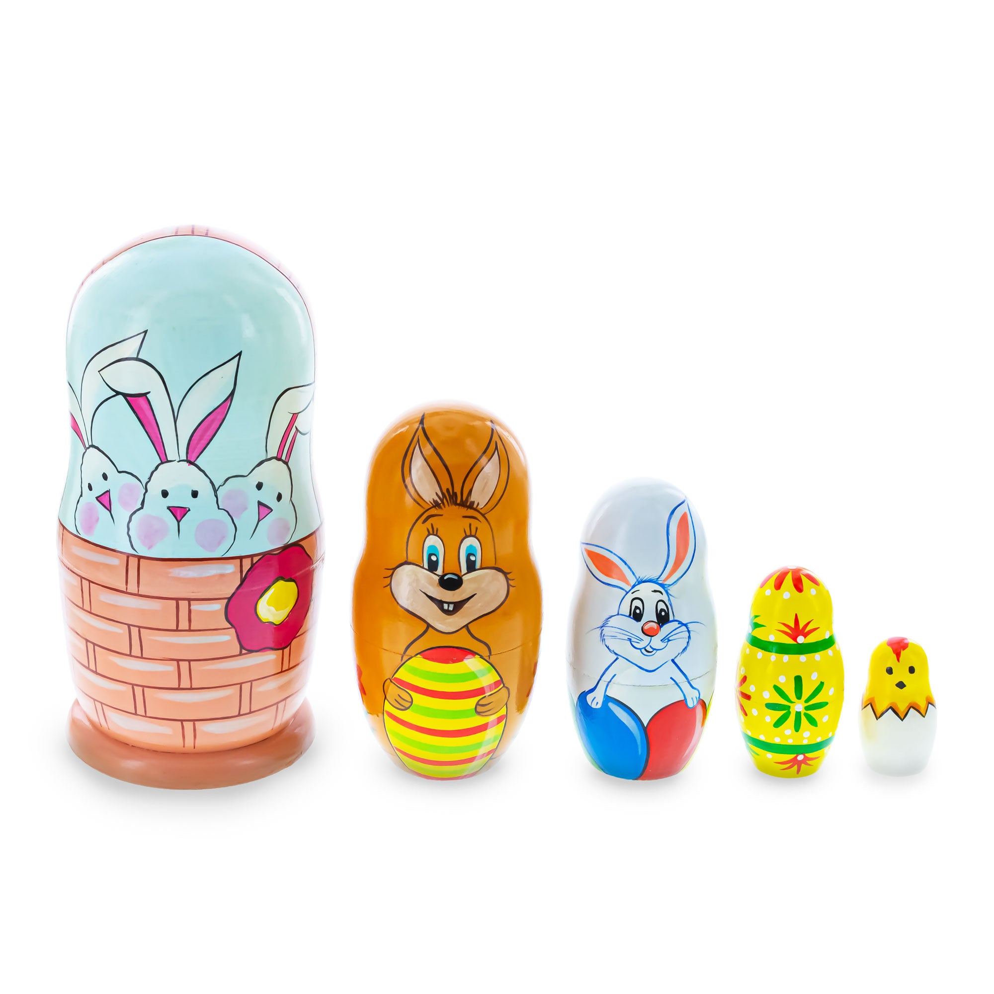5 Bunnies, Chick with Easter Eggs Wicker Basket Wooden Nesting Dolls 6 Inches in Multi color