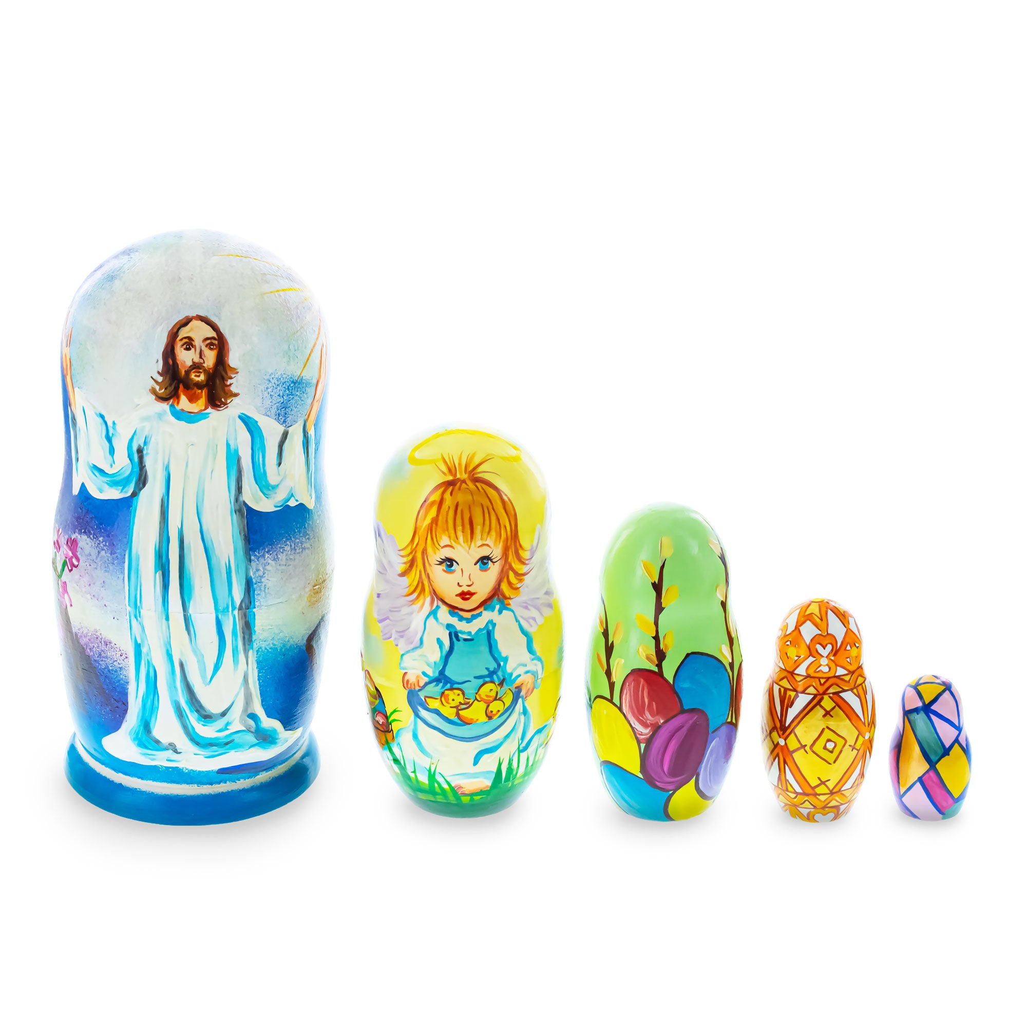 Set of 5 Jesus Christ Rising, Angel and Easter Eggs Wooden Nesting Dolls 6 Inches in Multi color