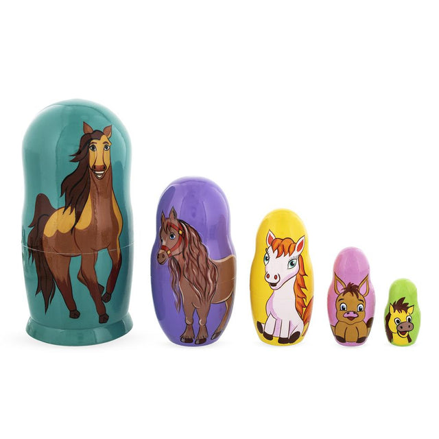Wood Set of 5 Horses Wooden Nesting Dolls 6 Inches in Multi color