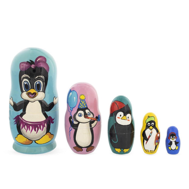 Wood Set of 5 Penguins Wooden Nesting Dolls 6 Inches in blue color