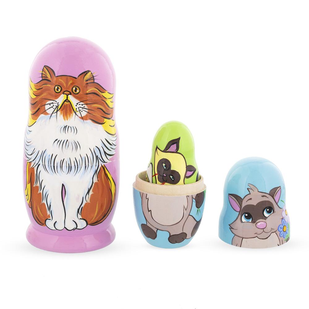 Set of 5 Colorful Cats Wooden Nesting Dolls 6 InchesUkraine ,dimensions in inches: 6 x 3 x 3