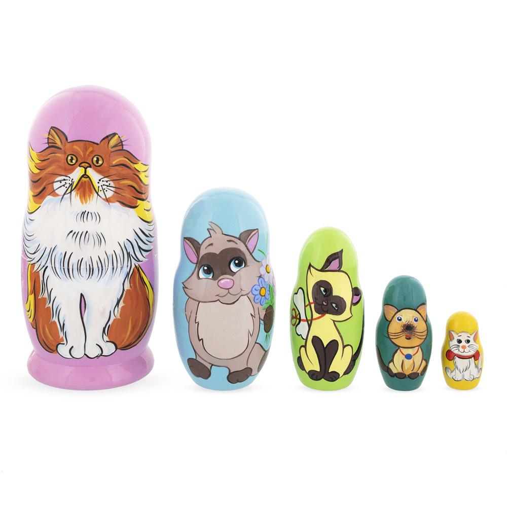 Set of 5 Colorful Cats Wooden Nesting Dolls 6 Inches in Orange color