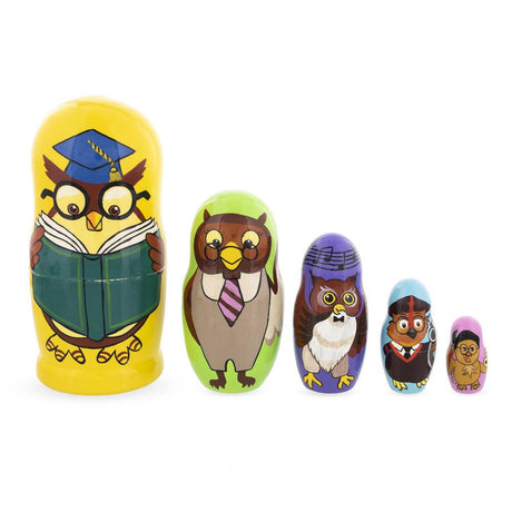 Set of 5 Owls Professors Wooden Nesting Dolls 6 Inches in Multi color