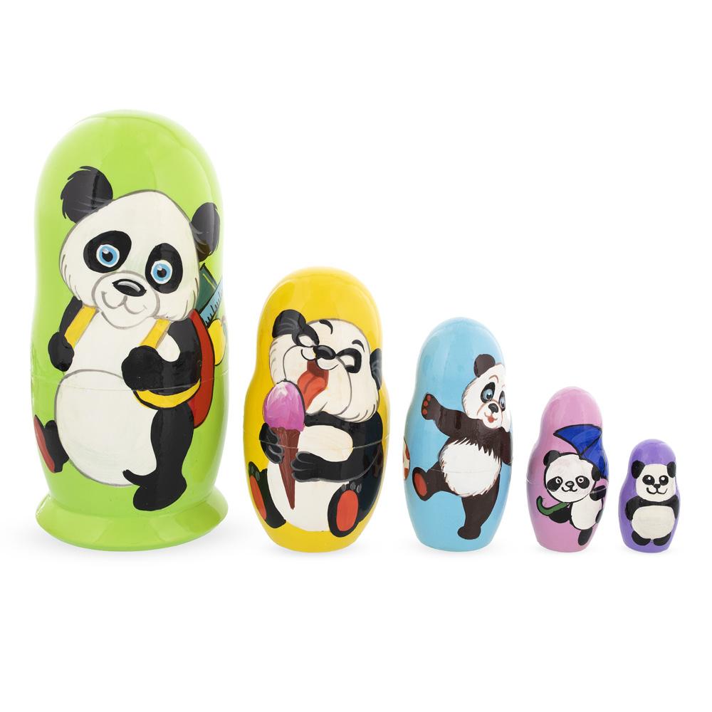 Set of 5 Panda Wooden Nesting Dolls 6 Inches in Multi color