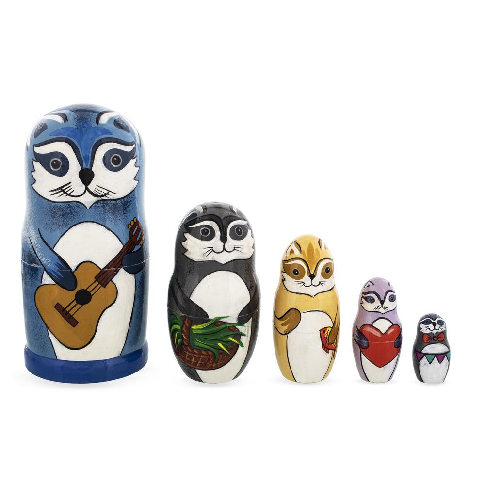 Wood Set of 5 Raccoon Family Wooden Nesting Dolls 6 Inches in Multi color
