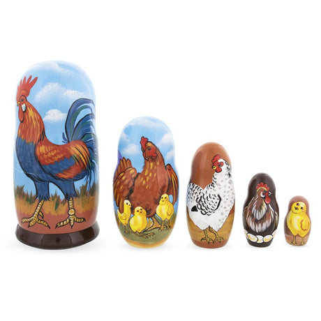 Rooster And Family Wooden Nesting Dolls in Multi color,  shape