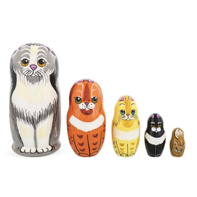 Wood Set of 5 Cats Family Wooden Nesting Dolls 6 Inches in Multi color