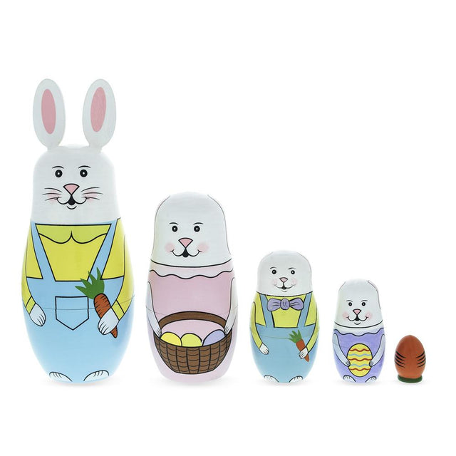 Set of 5 Bunny Family & Carrot Wooden Nesting Dolls 7 Inches Tall in blue color,  shape