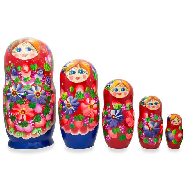 Set of 5 Flowers on Red Scarf Wooden Nesting Dolls 7.25 Inches in red color,  shape
