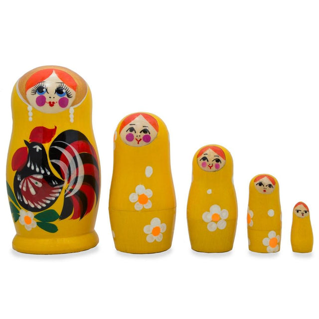 5 Rooster and Daisies Floral Wooden  Nesting Dolls 4.5 Inches in Yellow color,  shape