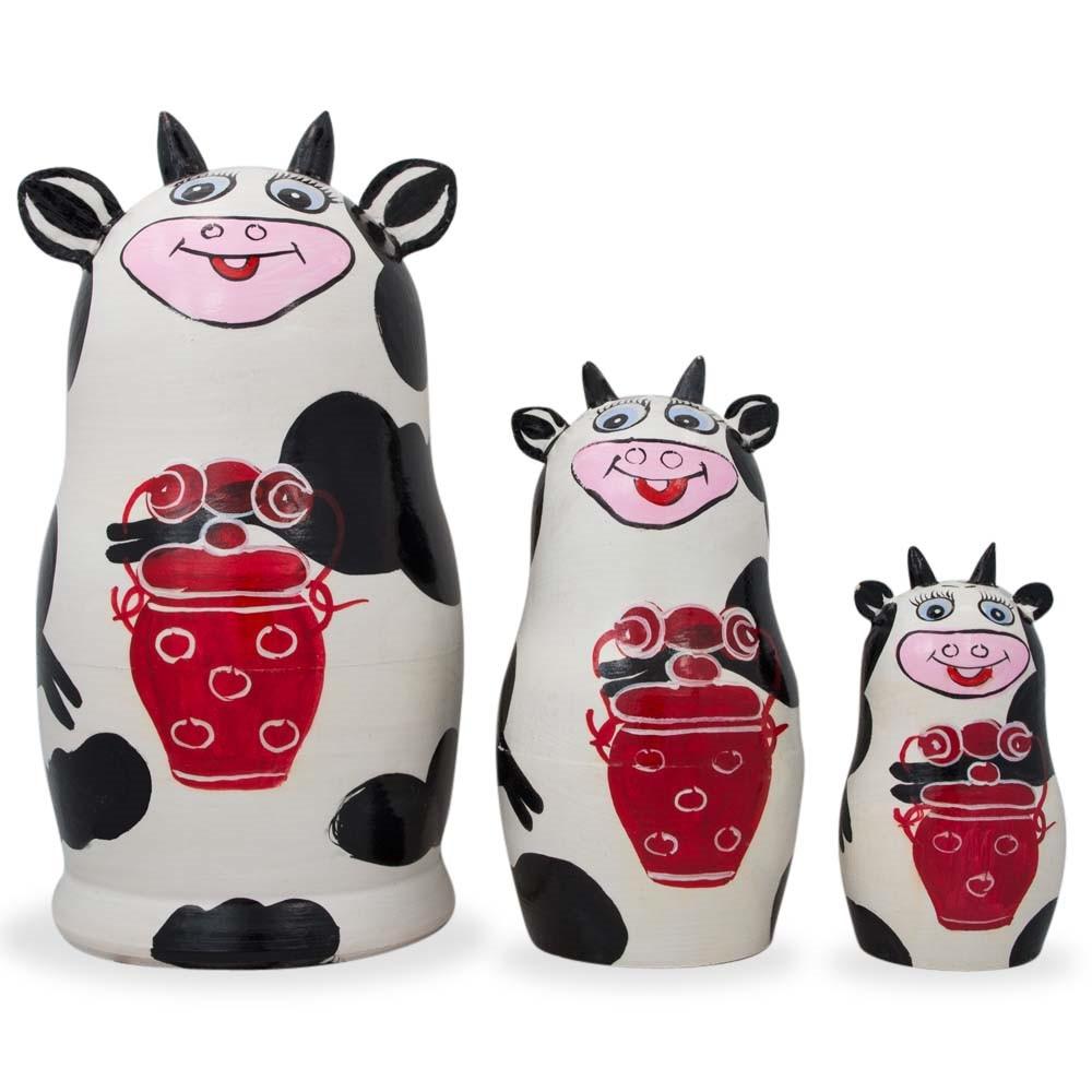 Set of 3 Spotted Cow Family Animal Nesting Figurines 5.5 Inches in Multi color