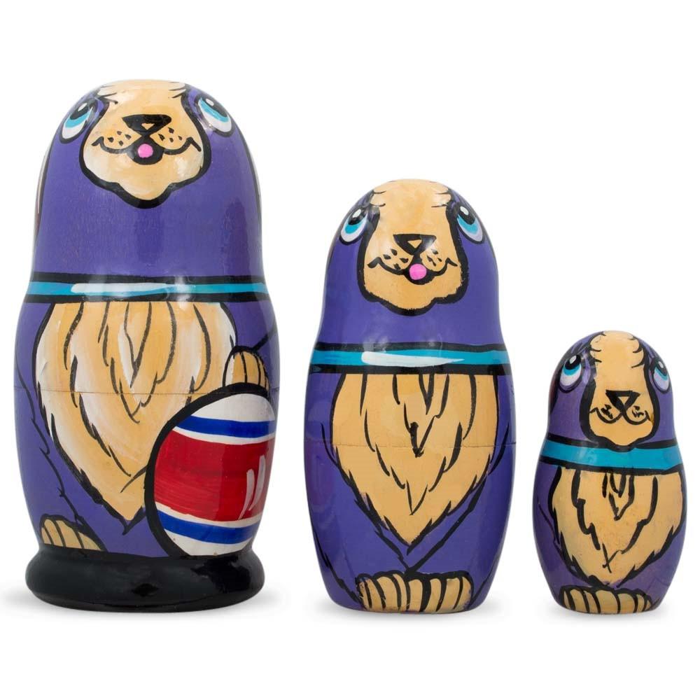 3 Smiling Dog w/Bone Collar Wooden Nesting Dolls  4.25 Inches in Multi color
