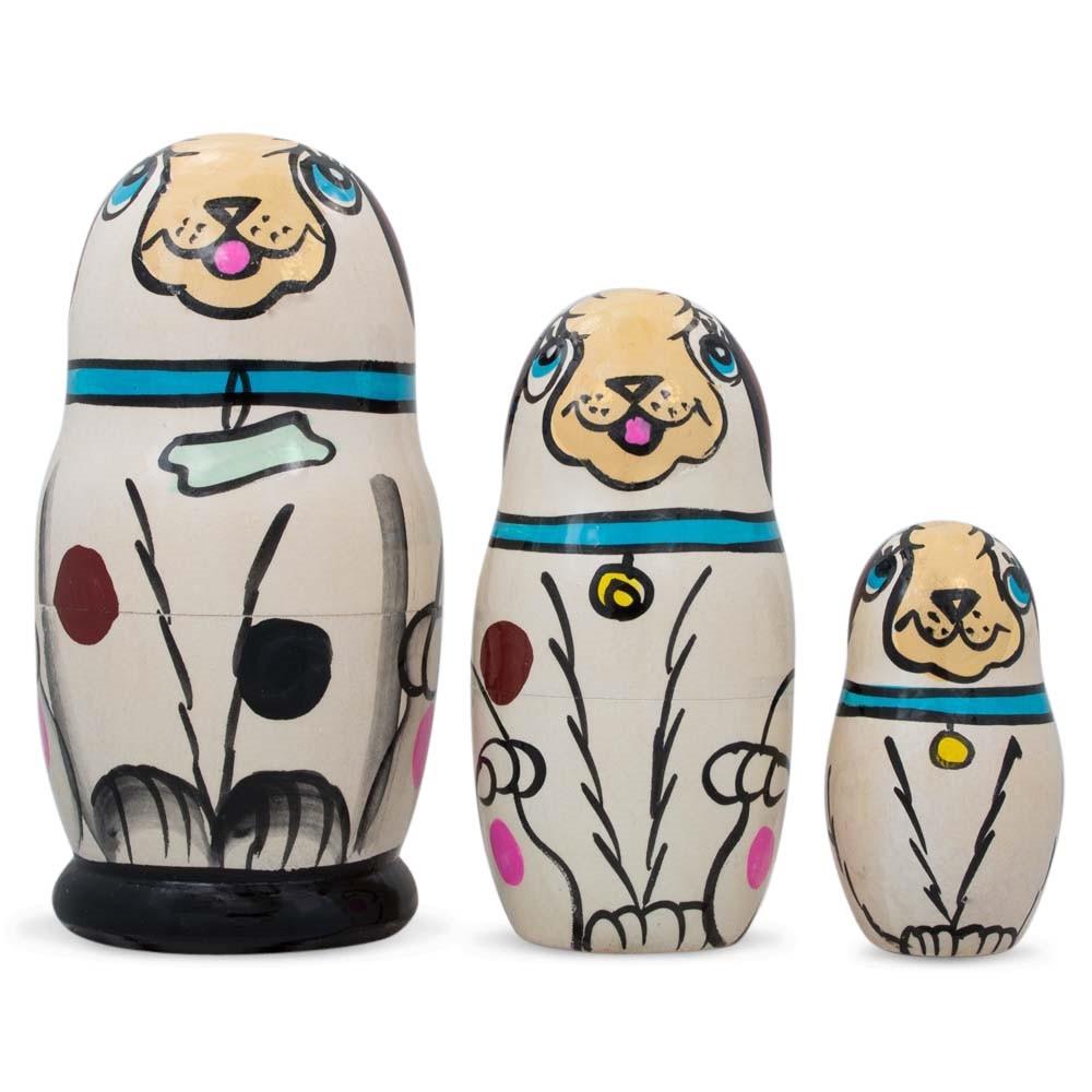 3 White Dog with Bone Collar Wooden Nesting Dolls Matryoshka 4.25 Inches in White color