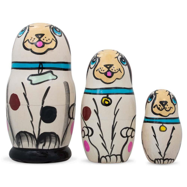 3 White Dog with Bone Collar Wooden Nesting Dolls Matryoshka 4.25 Inches in  color