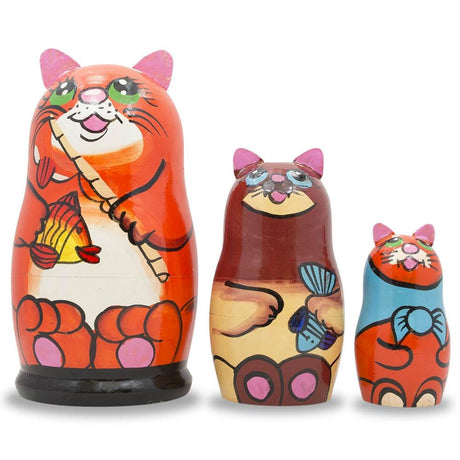 Set of 3 Cats With Fish and Rod Wooden Nesting Dolls 5.5 Inches in Multi color