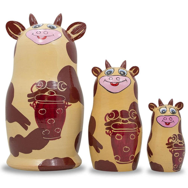 Wood Set of 3 Cow Family Nesting Doll 5.5 Inches in Multi color