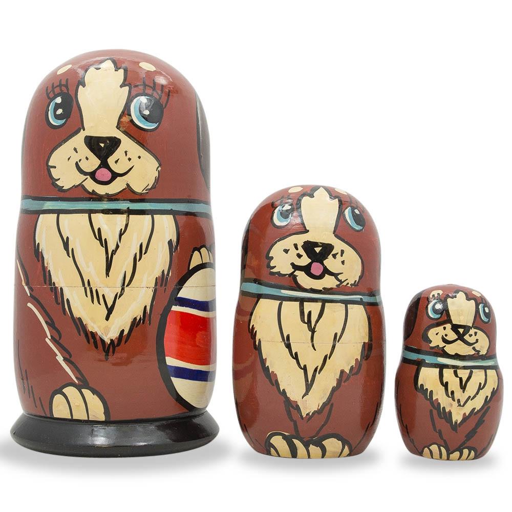 Set of 3 Brown Dog with Ball Wooden Nesting Dolls 5 Inches in Brown color