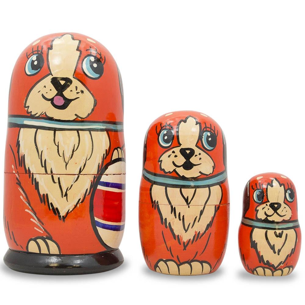 Wood Set of 3 Dogs with Ball  Wooden Nesting Dolls 5 Inches in Multi color