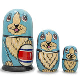 Set of 3 Dogs with Rubber Ball Wooden Nesting Dolls 5 Inches in Multi color