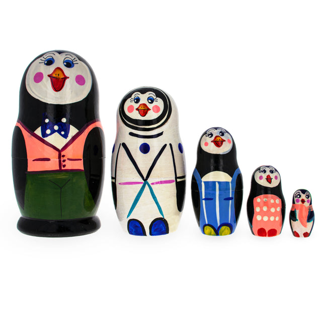 Wood Set of 5 Happy Penguins  Nesting Dolls in Multi color