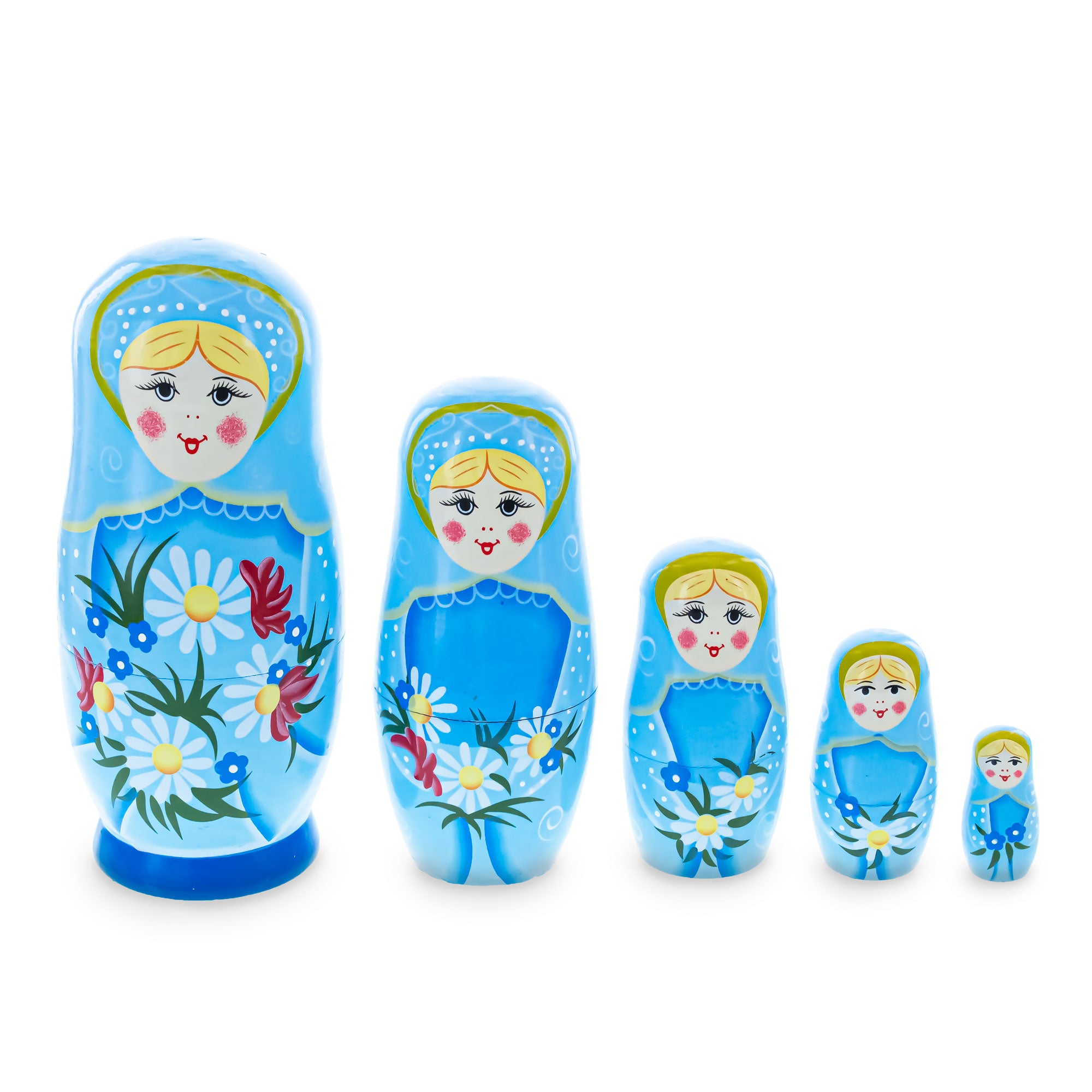 5 Girls with Daisy Flowers & Blue Skirt Wooden Nesting Dolls 6 Inches in Blue color