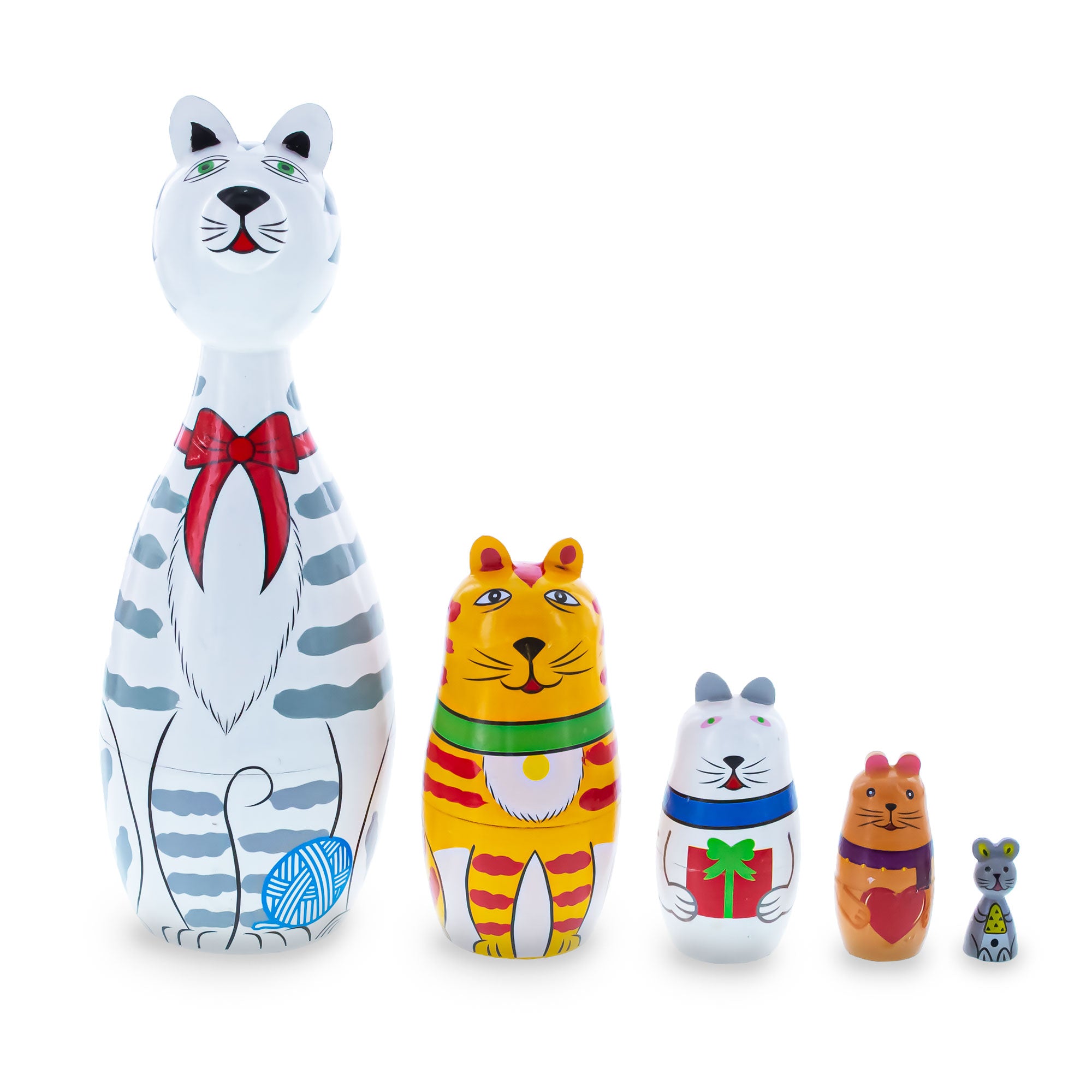 Four Cats and Mouse Wooden Nesting Dolls 7 Inches in Multi color